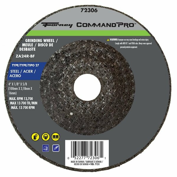 Forney Grinding Wheel, Metal Type 27, 4 in x 1/8 in x 5/8 in 72306